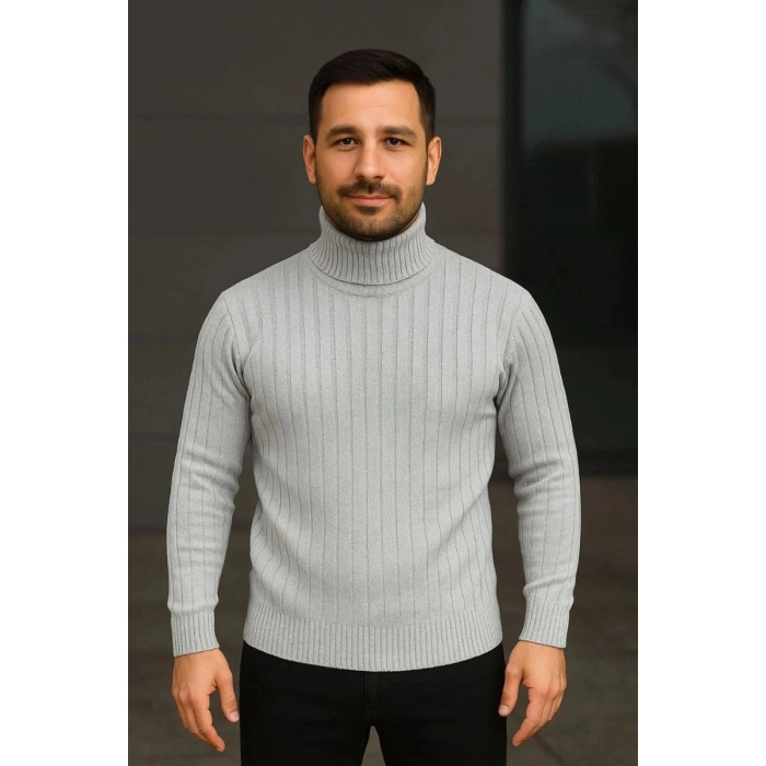 Erkek Fitilli Kazak Tam Boğazlı Balıkçı Yaka Triko 2li Set Gri-Siyah