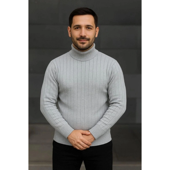 Erkek Fitilli Kazak Tam Boğazlı Balıkçı Yaka Triko 2li Set Gri-Siyah
