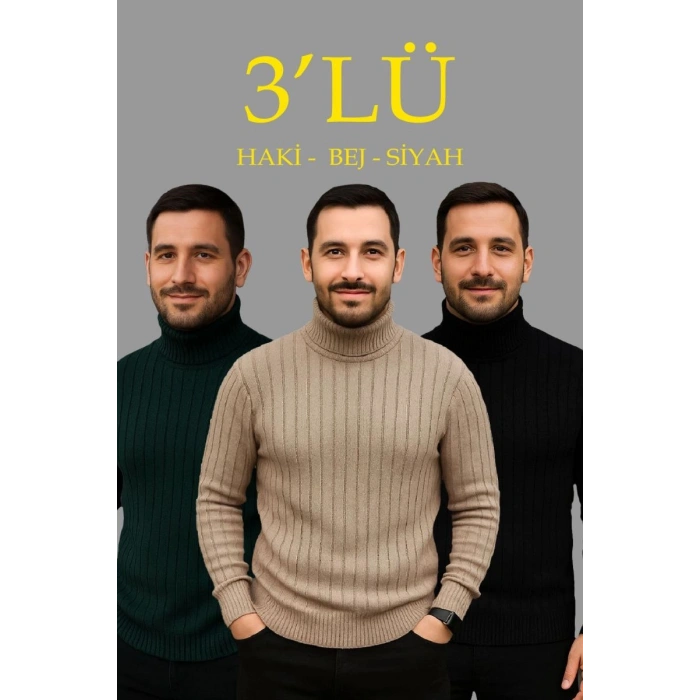 Erkek Fitilli Kazak Tam Boğazlı Balıkçı Yaka Triko 3lü Set  Bej-Haki-Siyah