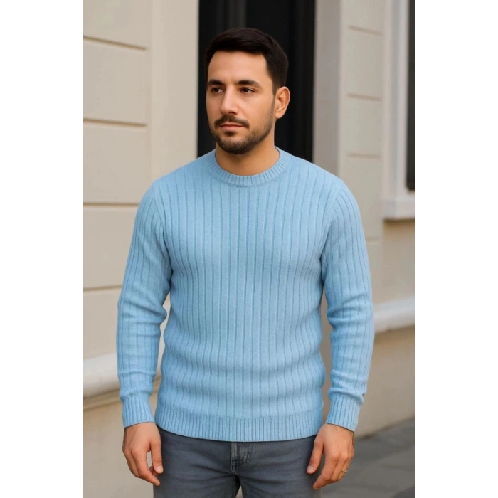 Erkek Fitilli Triko Bisiklet Yaka Kalın Kazak 3lü Set Bej-Bebek Mavisi-Siyah