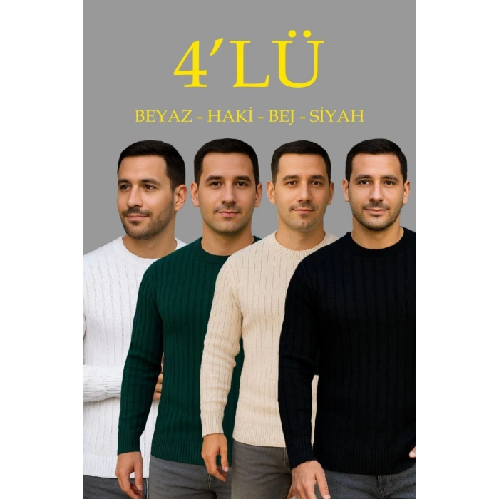 Erkek Fitilli Triko Bisiklet Yaka Kalın Kazak 4lü Set Beyaz-Haki-Bej-Siyah
