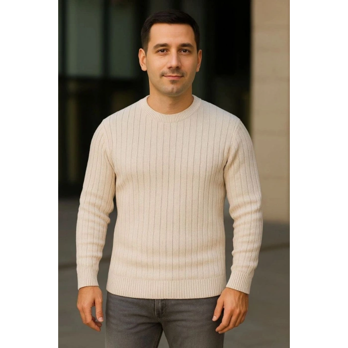 Erkek Fitilli Triko Kazak 2’li Set Bej Beyaz Kalın Dokuma Pamuklu Regular Fit Bisiklet