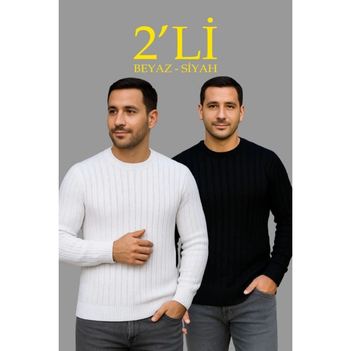 Erkek Fitilli Triko Kazak 2’li Set Siyah Beyaz Kalın Dokuma Pamuklu Regular Fit Bisiklet