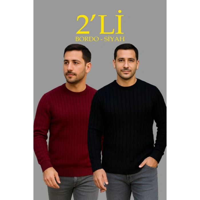 Erkek Fitilli Triko Kazak 2’li Set Siyah Bordo Kalın Dokuma Pamuklu Regular Fit Bisiklet