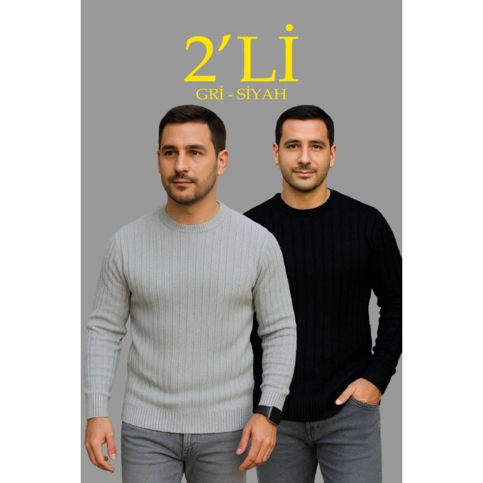 Erkek Fitilli Triko Kazak 2’li Set Siyah Gri Kalın Dokuma Pamuklu Regular Fit Bisiklet