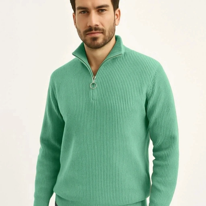 Erkek Fitilli Triko Kazak 3’lü Set Mint Yeşili Siyah Bej Kalın Dokuma Pamuklu Regular Fit