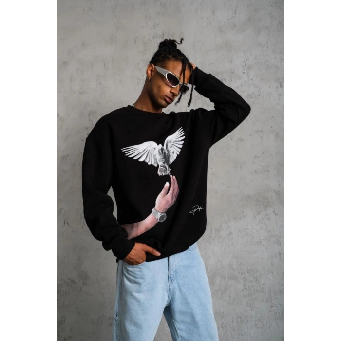 Erkek Güvercin Baskılı 3 iplik Bisiklet Yaka ipamuklu Sweatshirt - Siyah