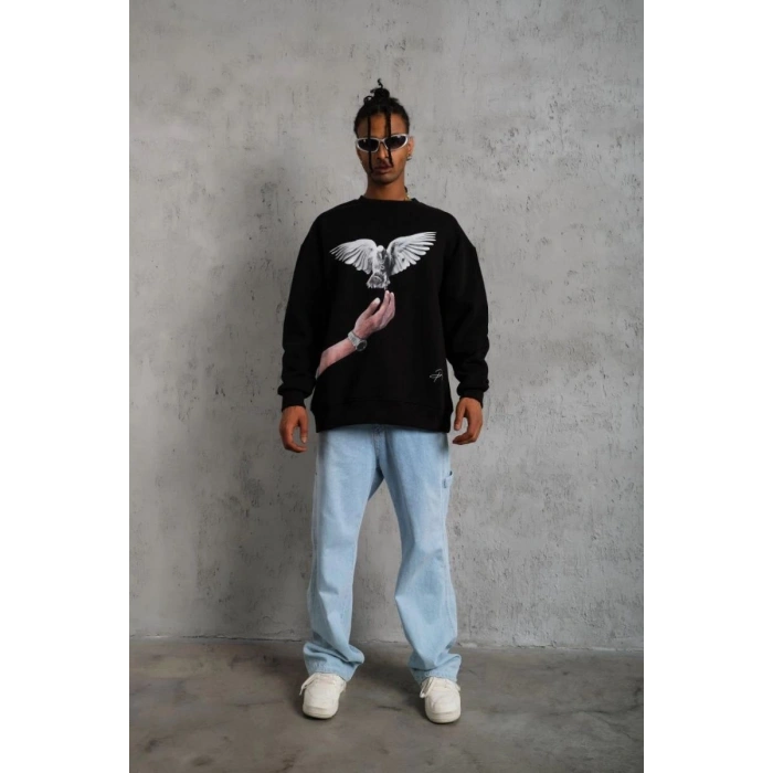 Erkek Güvercin Baskılı 3 iplik Bisiklet Yaka ipamuklu Sweatshirt - Siyah