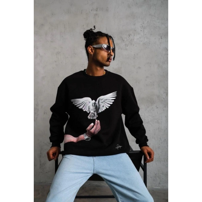 Erkek Güvercin Baskılı 3 iplik Bisiklet Yaka ipamuklu Sweatshirt - Siyah