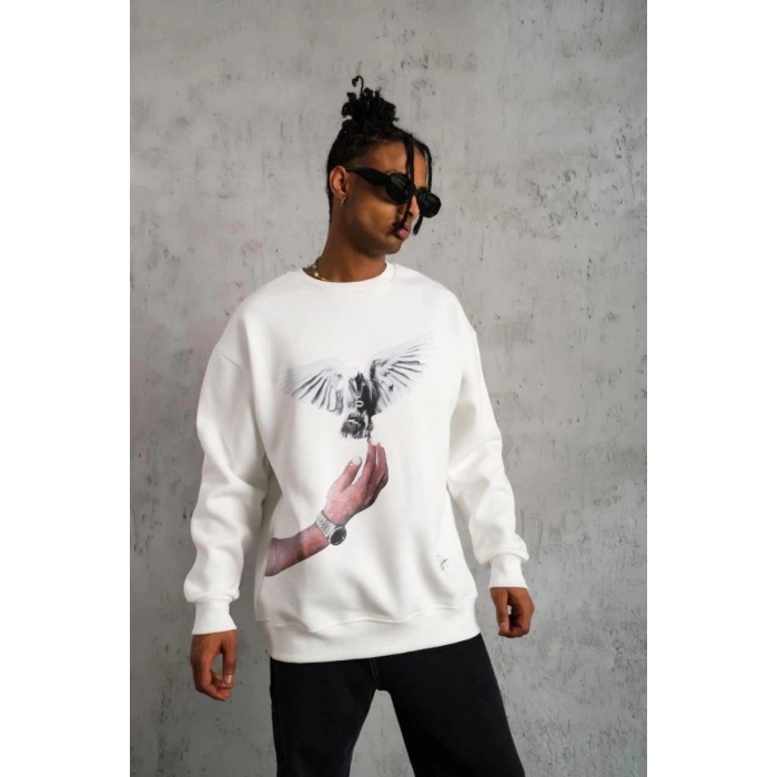 Erkek Güvercin Baskılı 3 iplik pamuklu Bisiklet Yaka Sweatshirt - Beyaz
