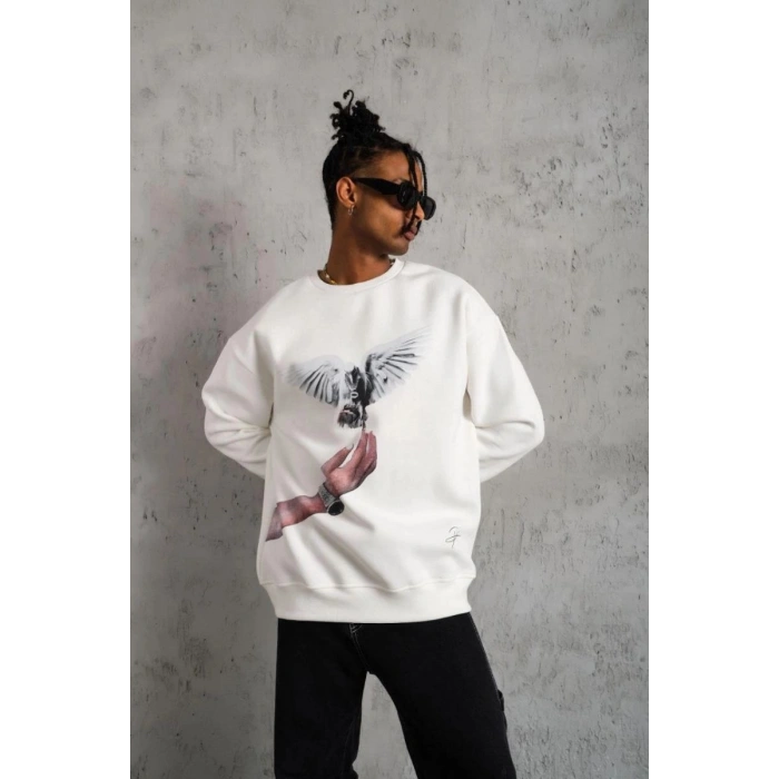 Erkek Güvercin Baskılı 3 iplik pamuklu Bisiklet Yaka Sweatshirt - Beyaz