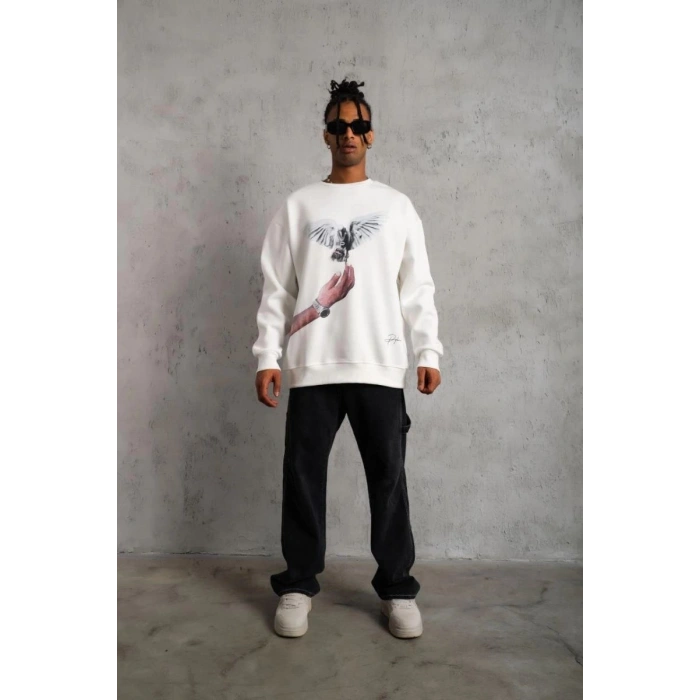 Erkek Güvercin Baskılı 3 iplik pamuklu Bisiklet Yaka Sweatshirt - Beyaz