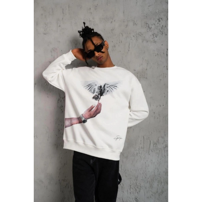 Erkek Güvercin Baskılı 3 iplik pamuklu Bisiklet Yaka Sweatshirt - Beyaz