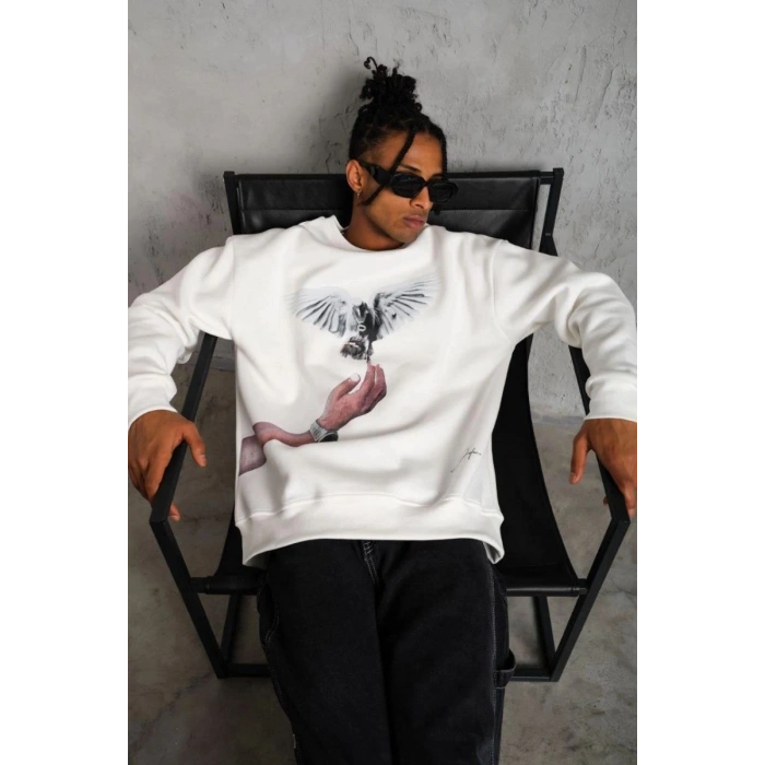 Erkek Güvercin Baskılı 3 iplik pamuklu Bisiklet Yaka Sweatshirt - Beyaz