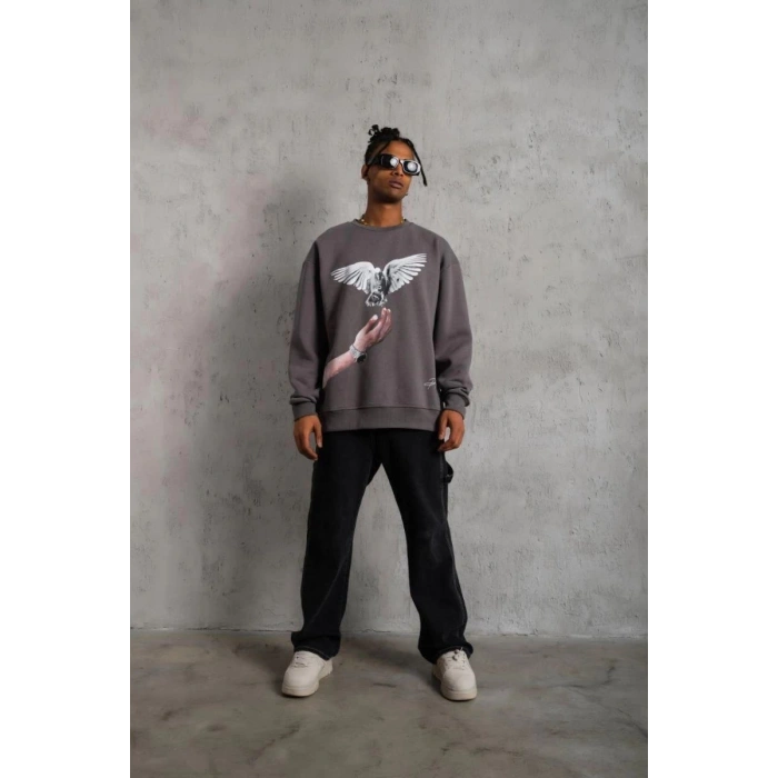 Erkek Güvercin Baskılı 3 iplik pamuklu Bisiklet Yaka Sweatshirt - Gri