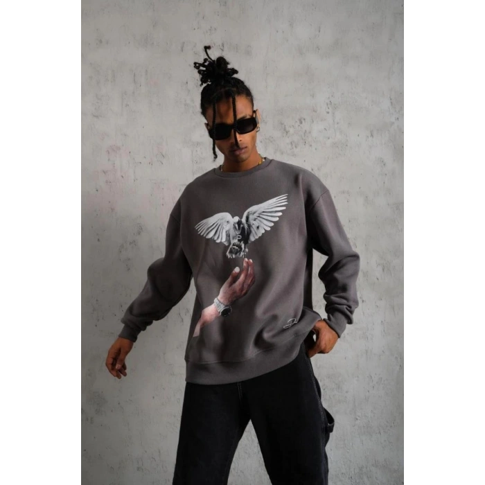 Erkek Güvercin Baskılı 3 iplik pamuklu Bisiklet Yaka Sweatshirt - Gri
