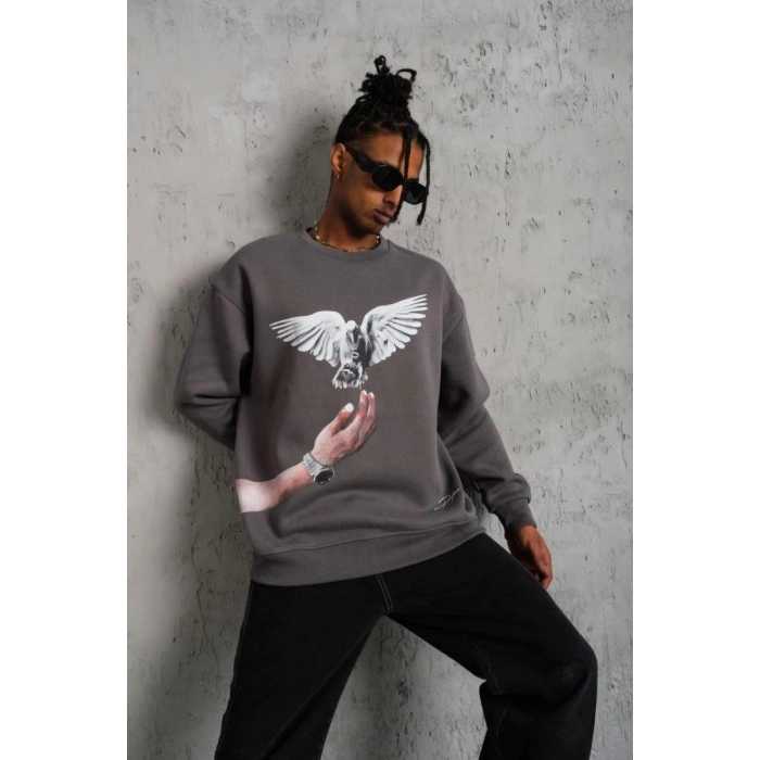 Erkek Güvercin Baskılı 3 iplik pamuklu Bisiklet Yaka Sweatshirt - Gri