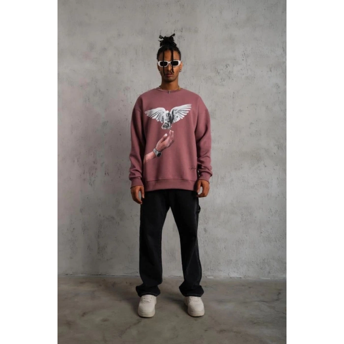 Erkek Güvercin Baskılı Bisiklet Yaka Sweatshirt 3 iplik pamuklu - Gül Kurusu