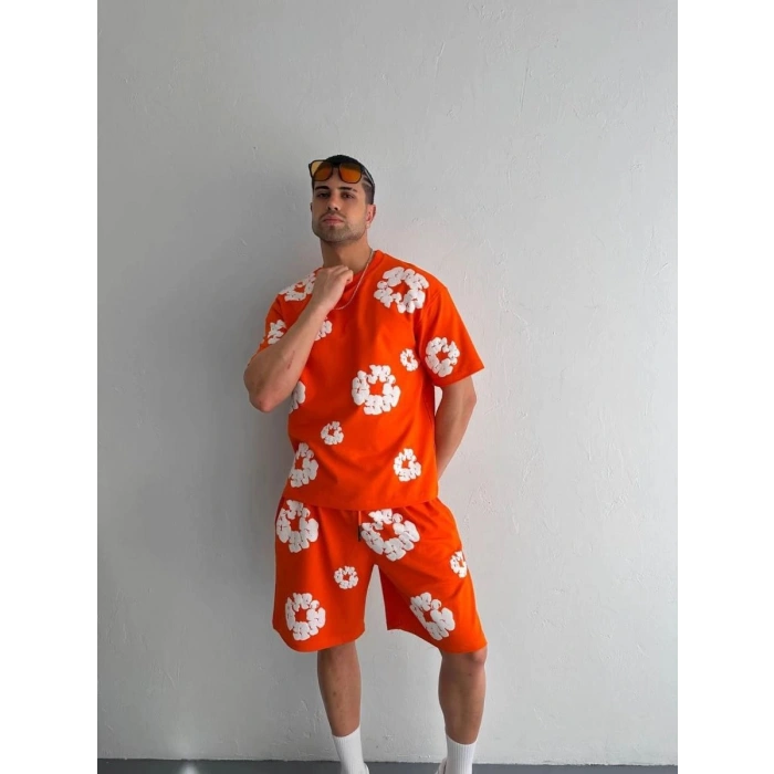 Erkek İki İplik Kumaş Oversize Baskılı T-shirt Şortlu ikili Alt-Üst Takım- Turuncu