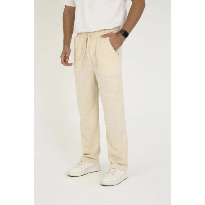 Erkek Jakar Kutu Desenli Baggy Eşofman Pantolon - Bej