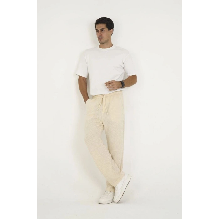 Erkek Jakar Kutu Desenli Baggy Eşofman Pantolon - Bej