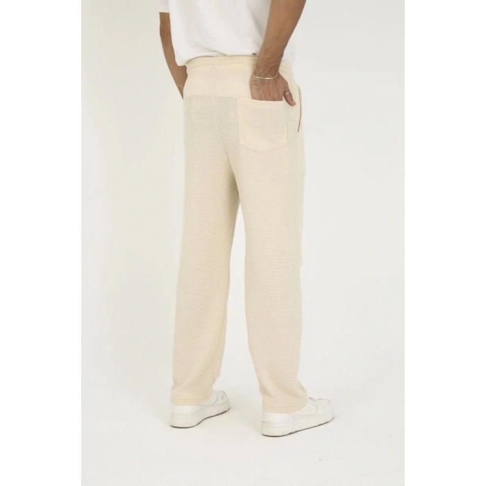 Erkek Jakar Kutu Desenli Baggy Eşofman Pantolon - Bej