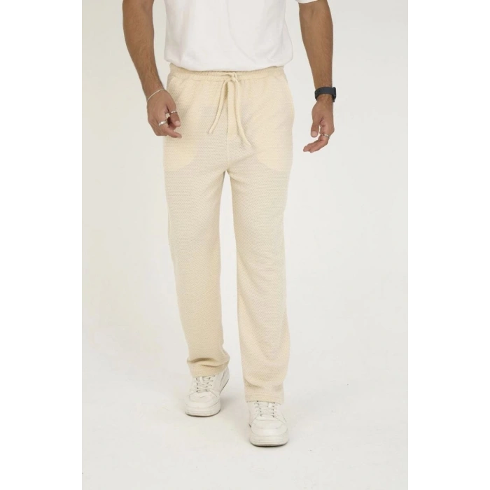 Erkek Jakar Kutu Desenli Baggy Eşofman Pantolon - Bej
