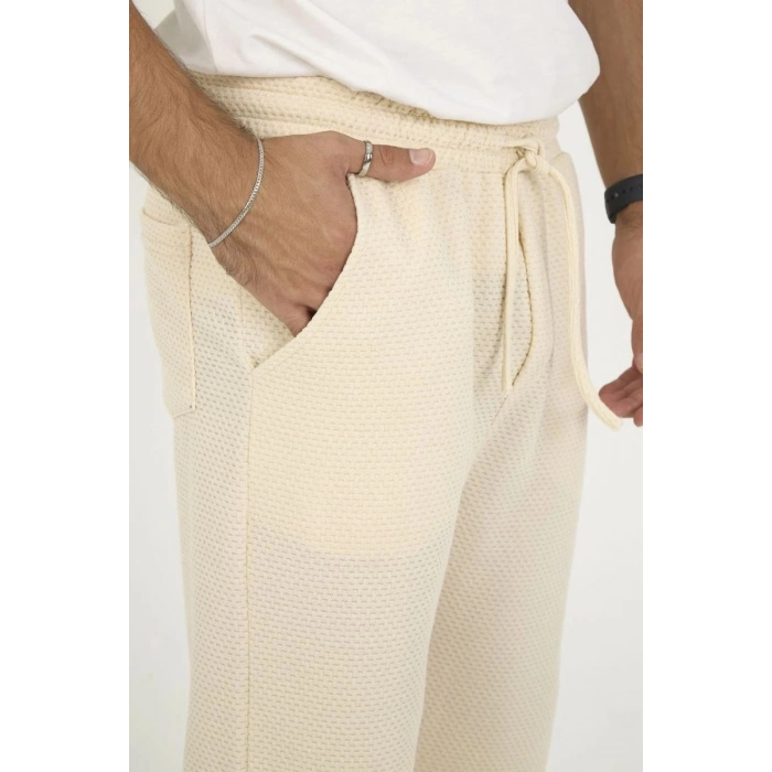 Erkek Jakar Kutu Desenli Baggy Eşofman Pantolon - Bej
