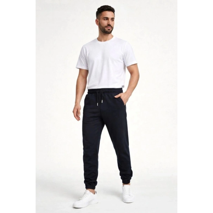 Erkek Jogger Eşofman Altı Cepli, Paça Lastikli , Spor Pantolon - Siyah