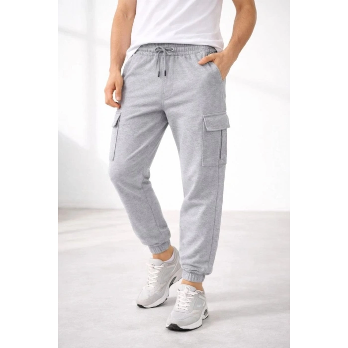 Erkek Jogger Eşofman Altı Kargo Cepli Lastikli Paça Spor Pantolon - Gri