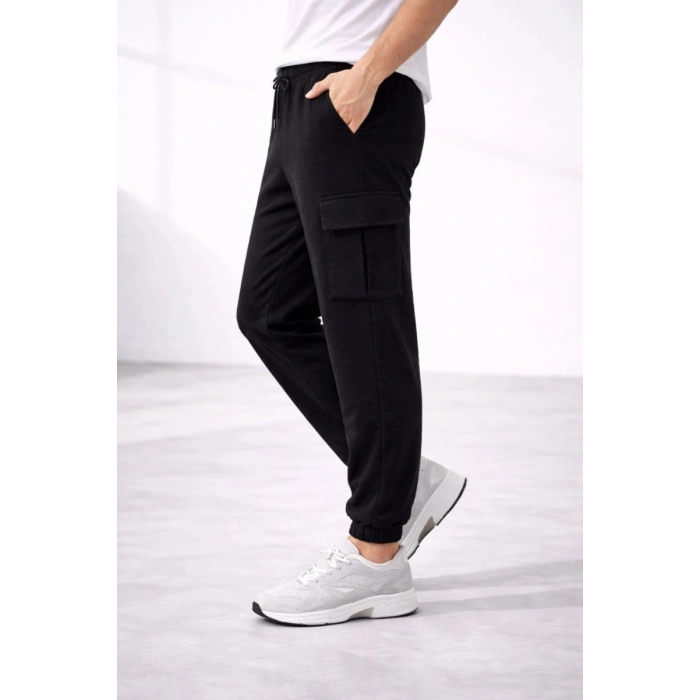Erkek Jogger Eşofman Altı Kargo Cepli Lastikli Paça Spor Pantolon - Siyah