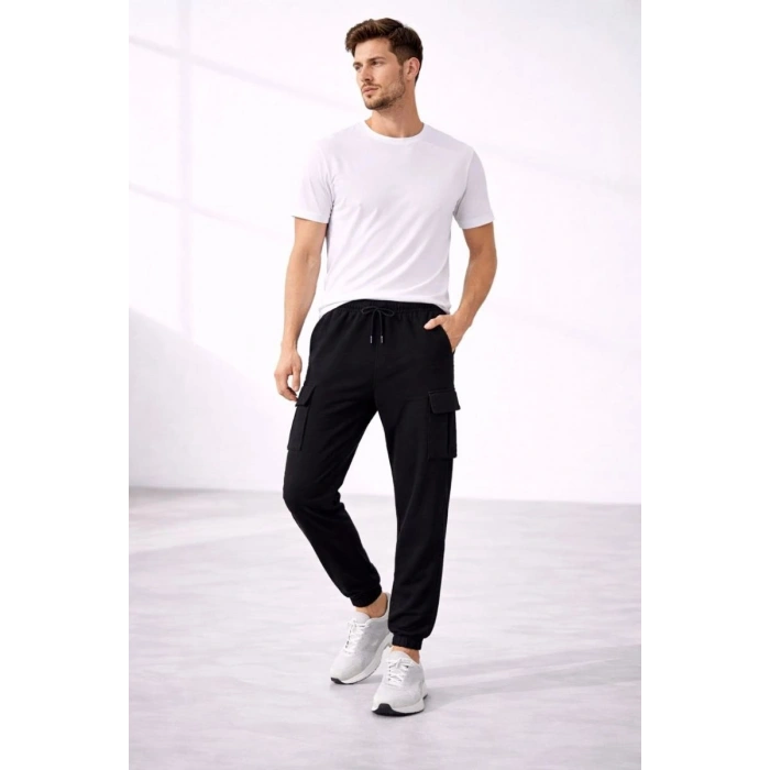 Erkek Jogger Eşofman Altı Kargo Cepli Lastikli Paça Spor Pantolon - Siyah