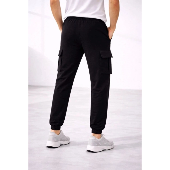 Erkek Jogger Eşofman Altı Kargo Cepli Lastikli Paça Spor Pantolon - Siyah