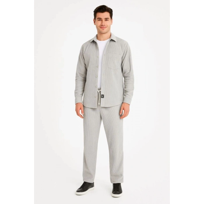 Erkek Kadife Oversize Takım Gömlek Pantolon İkili Set - Gri