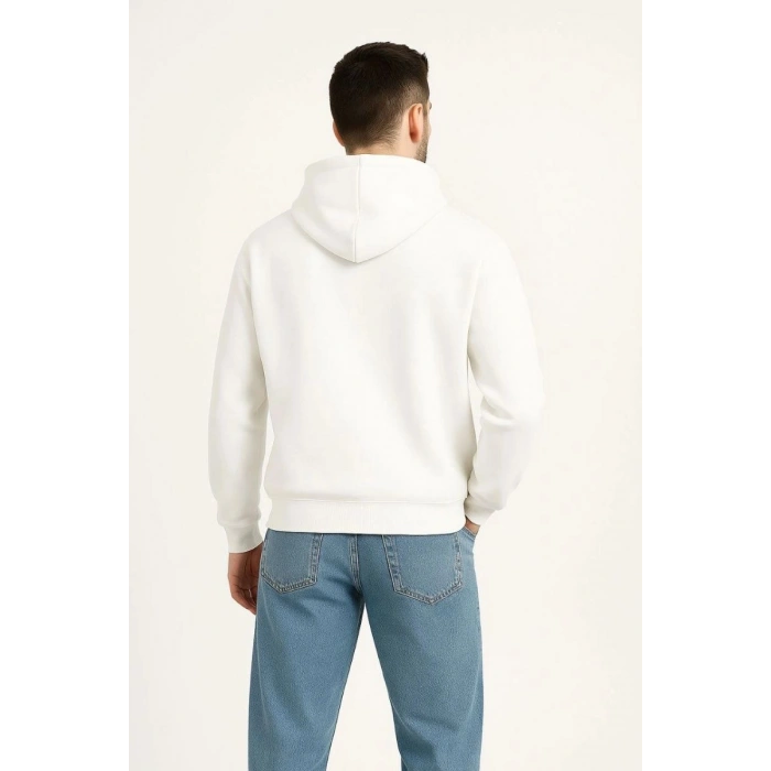 Erkek Kapüşonlu 3 İplik Şardonlu Önü Baskılı Fermuarlı Oversize Sweatshirt - Beyaz