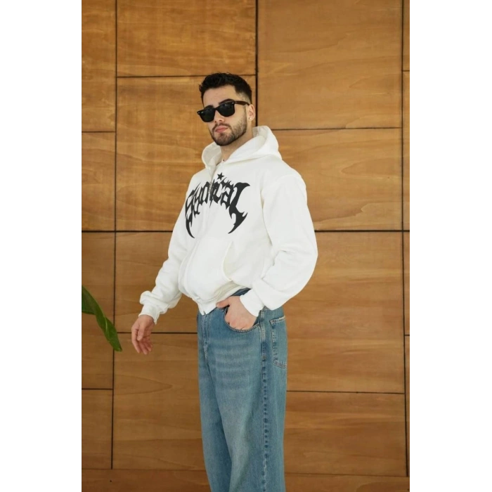 Erkek Kapüşonlu 3 İplik Şardonlu Önü Baskılı Fermuarlı Oversize Sweatshirt - Beyaz
