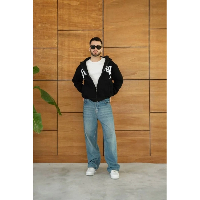 Erkek Kapüşonlu 3 İplik Şardonlu Önü Baskılı Fermuarlı Oversize Sweatshirt - Siyah