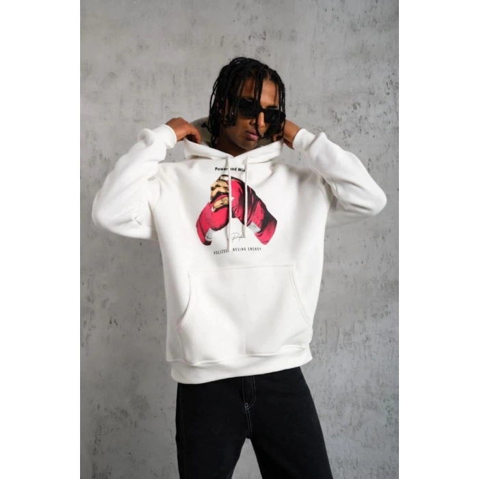 Erkek Kapüşonlu Cepli Boks Eldiven Baskılı 3 İplik Sweatshirt Hoodie - Beyaz