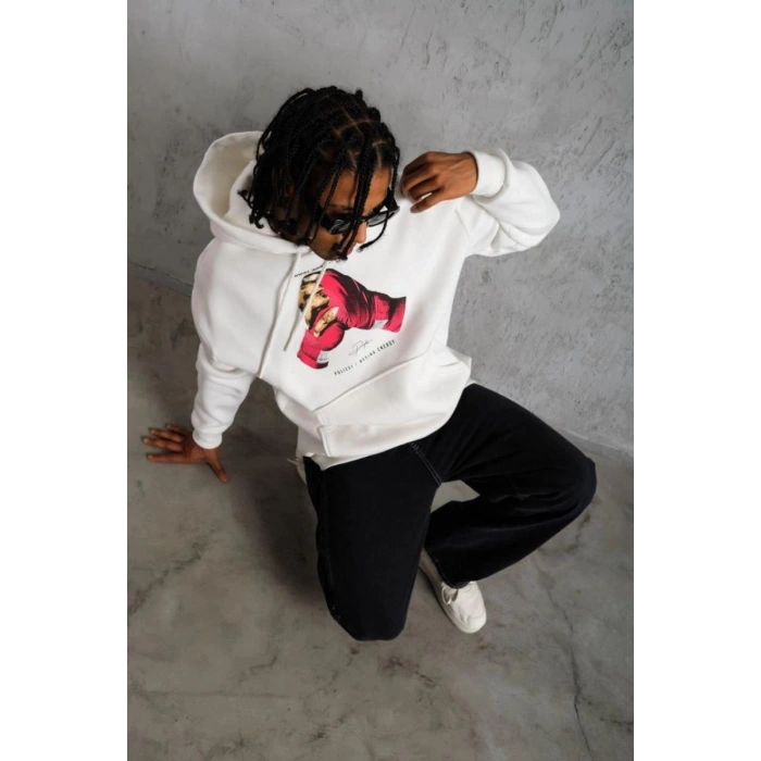 Erkek Kapüşonlu Cepli Boks Eldiven Baskılı 3 İplik Sweatshirt Hoodie - Beyaz