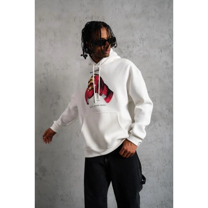 Erkek Kapüşonlu Cepli Boks Eldiven Baskılı 3 İplik Sweatshirt Hoodie - Beyaz