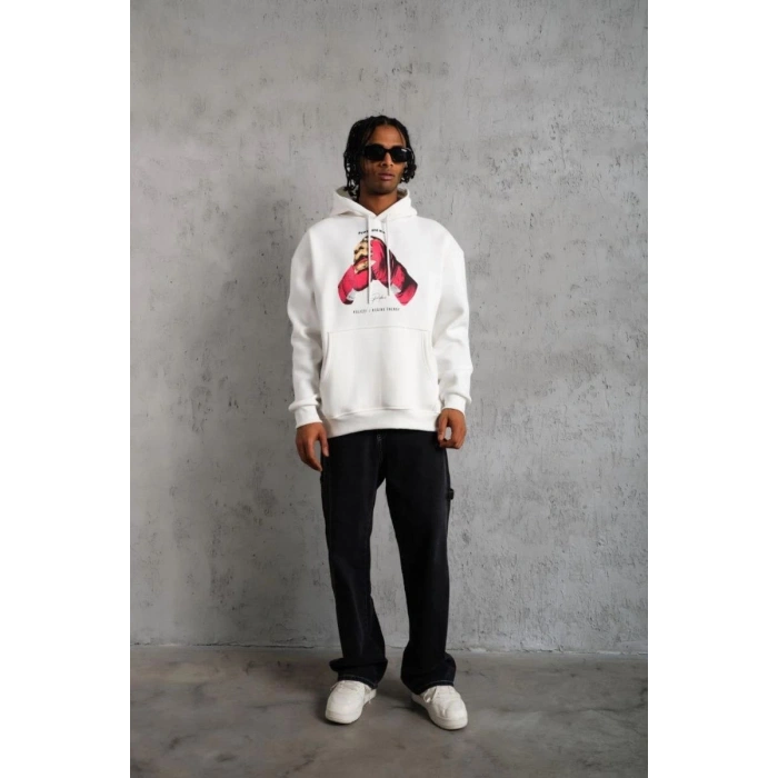Erkek Kapüşonlu Cepli Boks Eldiven Baskılı 3 İplik Sweatshirt Hoodie - Beyaz