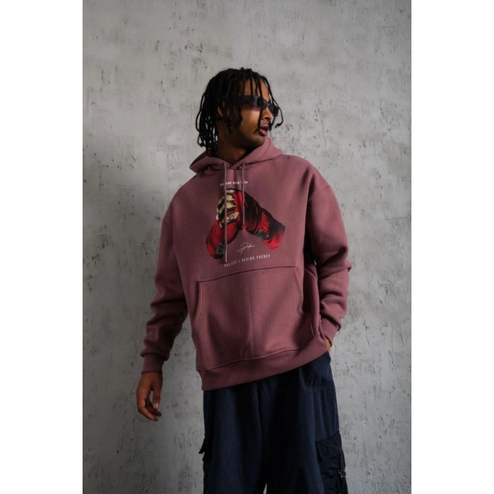 Erkek Kapüşonlu Cepli Box Eldiven Baskılı 3 İplik Sweatshirt Hoodie - Gül Kurusu