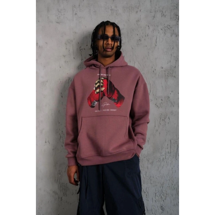 Erkek Kapüşonlu Cepli Box Eldiven Baskılı 3 İplik Sweatshirt Hoodie - Gül Kurusu