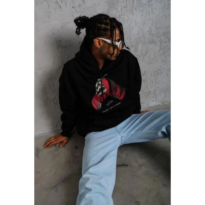 Erkek Kapüşonlu Cepli Box Eldiven Baskılı 3 İplik Sweatshirt Hoodie - Siyah