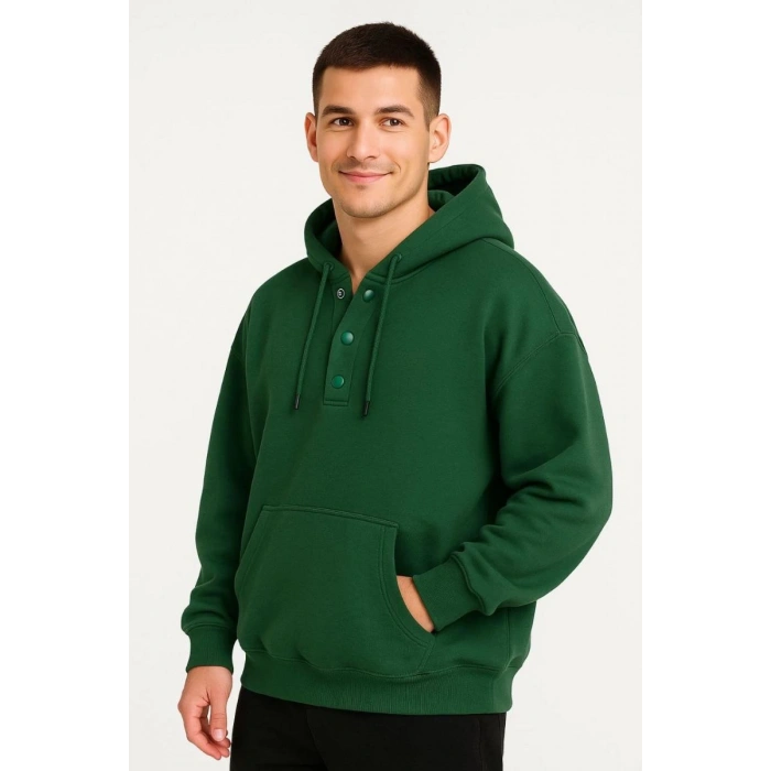 Erkek Kapüşonlu Hoodie Cepli Çıtçıtlı 3 İplik Pamuklu Sweatshirt - Haki