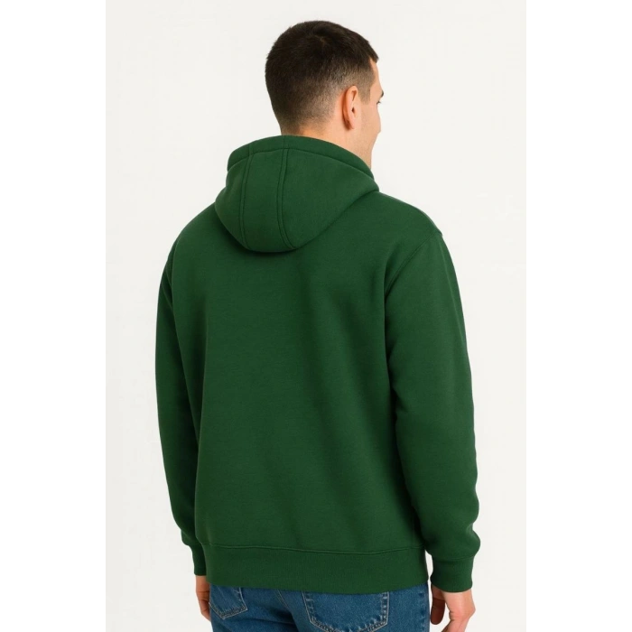 Erkek Kapüşonlu Hoodie Cepli Çıtçıtlı 3 İplik Pamuklu Sweatshirt - Haki