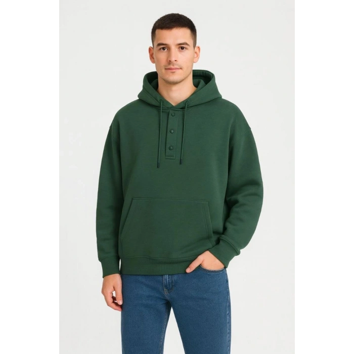 Erkek Kapüşonlu Hoodie Cepli Çıtçıtlı 3 İplik Pamuklu Sweatshirt - Haki