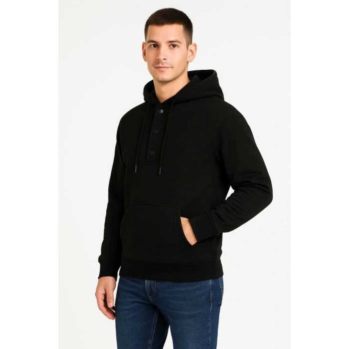 Erkek Kapüşonlu Hoodie Cepli Çıtçıtlı 3 İplik Pamuklu Sweatshirt - Siyah