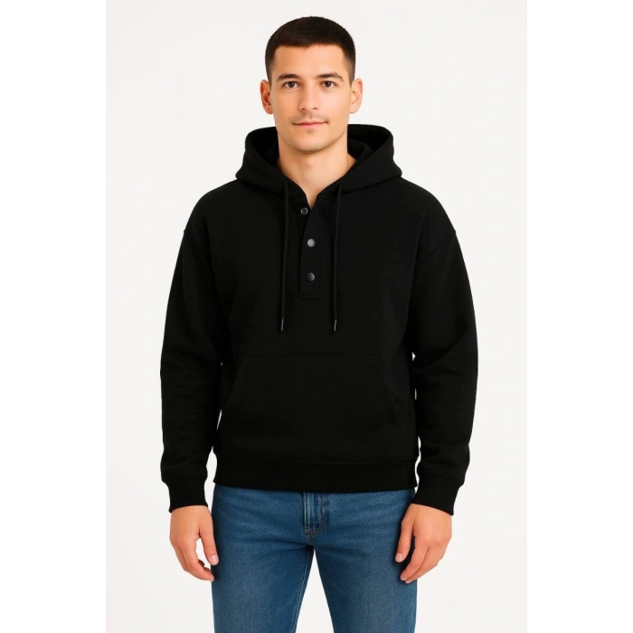 Erkek Kapüşonlu Hoodie Cepli Çıtçıtlı 3 İplik Pamuklu Sweatshirt - Siyah