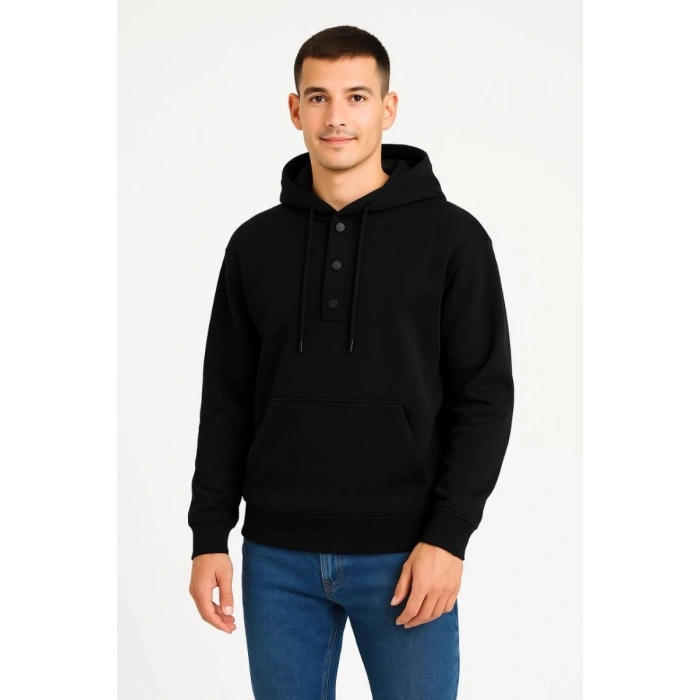 Erkek Kapüşonlu Hoodie Cepli Çıtçıtlı 3 İplik Pamuklu Sweatshirt - Siyah